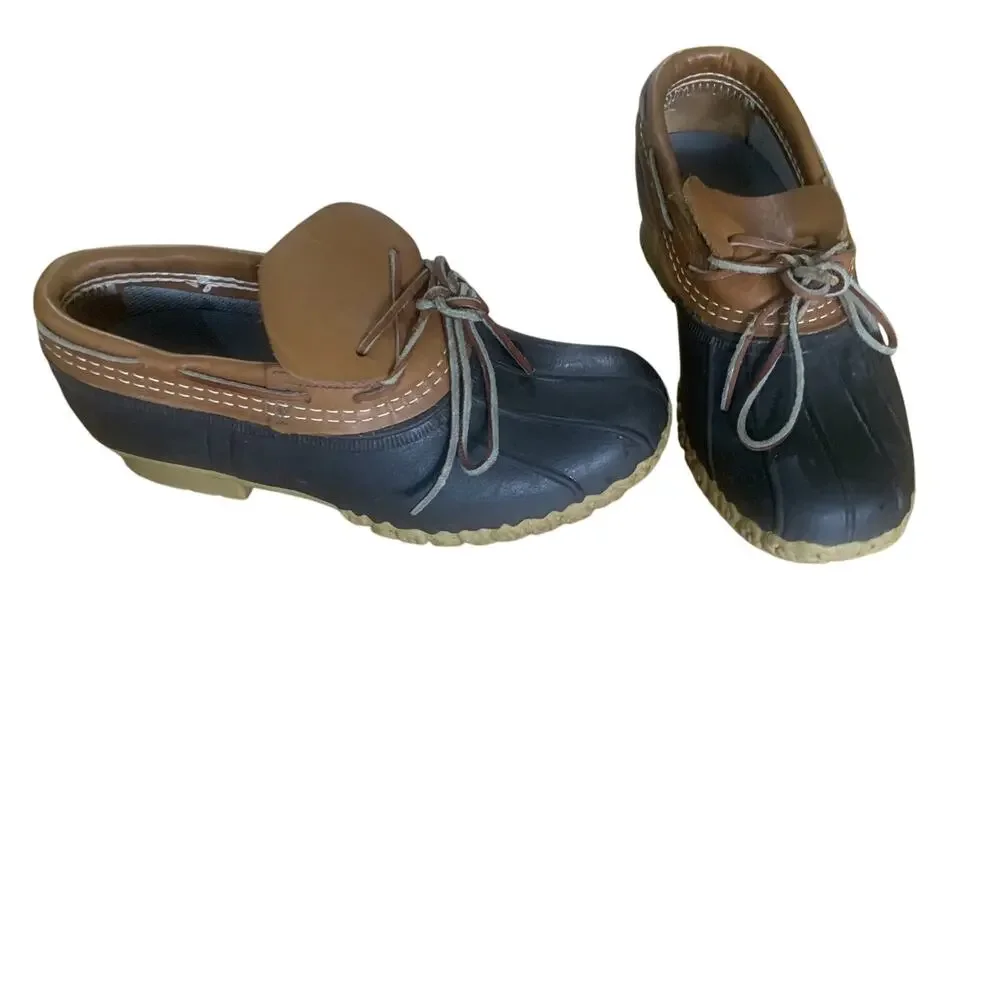 L.L. BEAN WOMENS WATER-RESISTANT LOW BROWN LEATHER/RUBBER DUCK BOOTS SIZE 6M-EUC